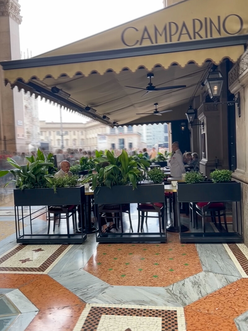 Outdoor patio view at Camparino in Galleria in Milan, Italy