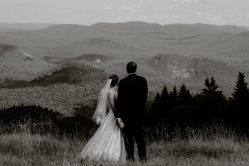 Bride and Groom enjoying Mountain Top View at Mont-Tremblant in Quebec