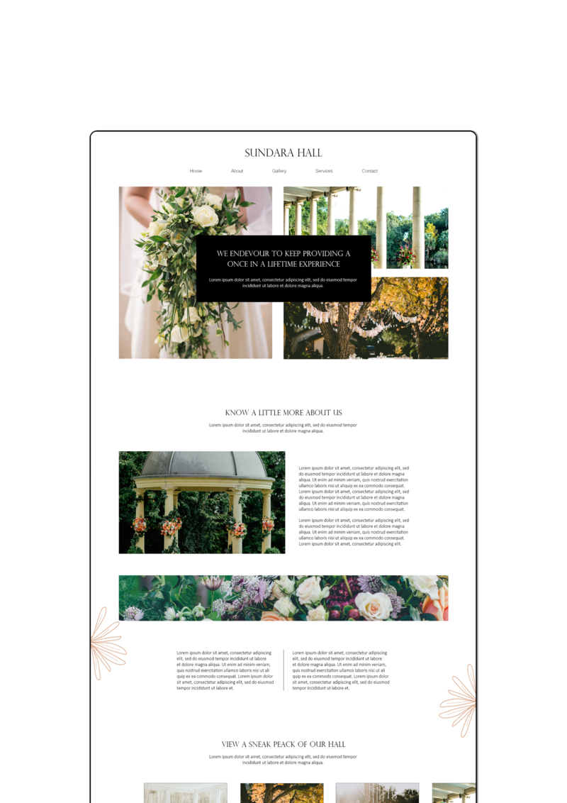 Display of the Sundara Hall's website about page designed with a elegant feel.