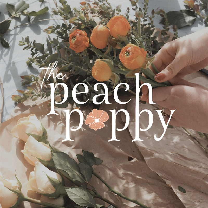The Peach Poppy branding with flowers in the background