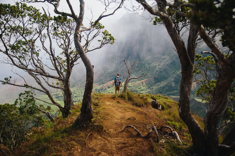 man looks over cliff in Hawaii