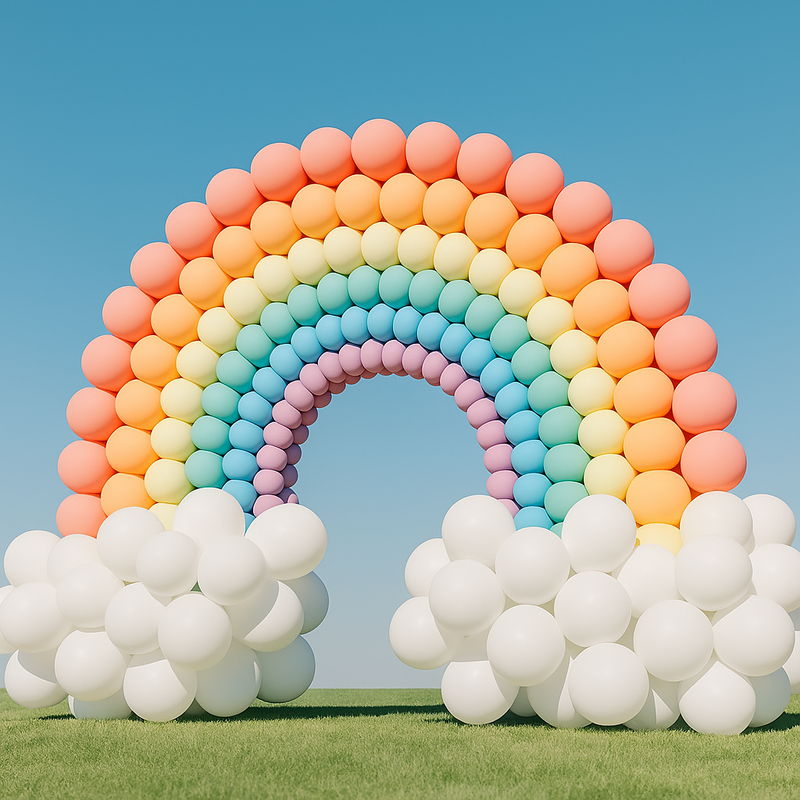Freestanding balloon rainbow with balloon clouds