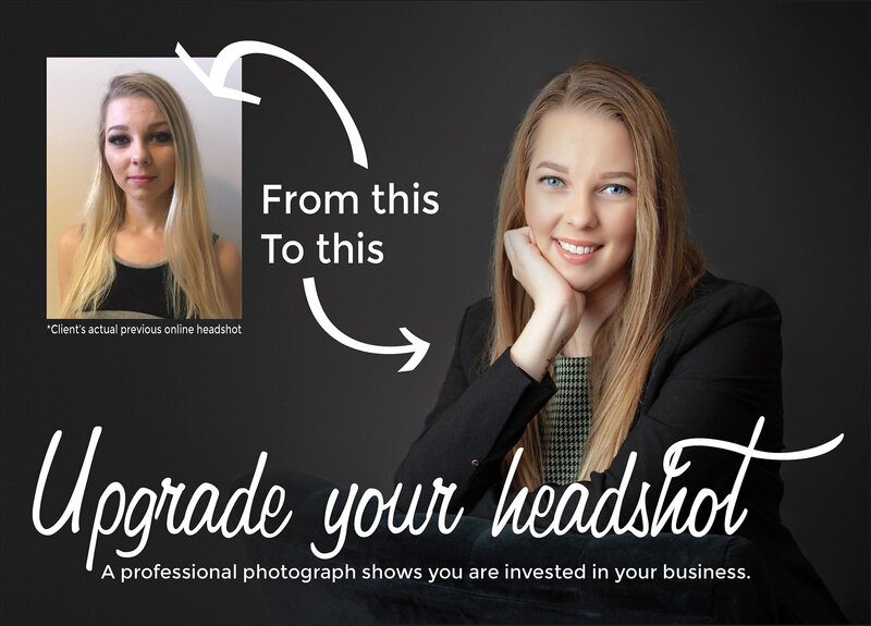A woman in a professional headshot poses smiling with her hand on her face, wearing a black blazer. An arrow points from a smaller, casual photo on the upper left, indicating an upgrade. Text reads: "Upgrade your headshot with a Jacksonville headshot photographer.