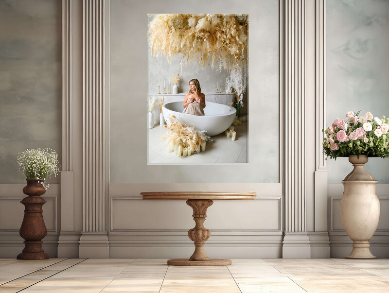 Woman in a bathtub with pampas in a mock up hall wall boudoir photo