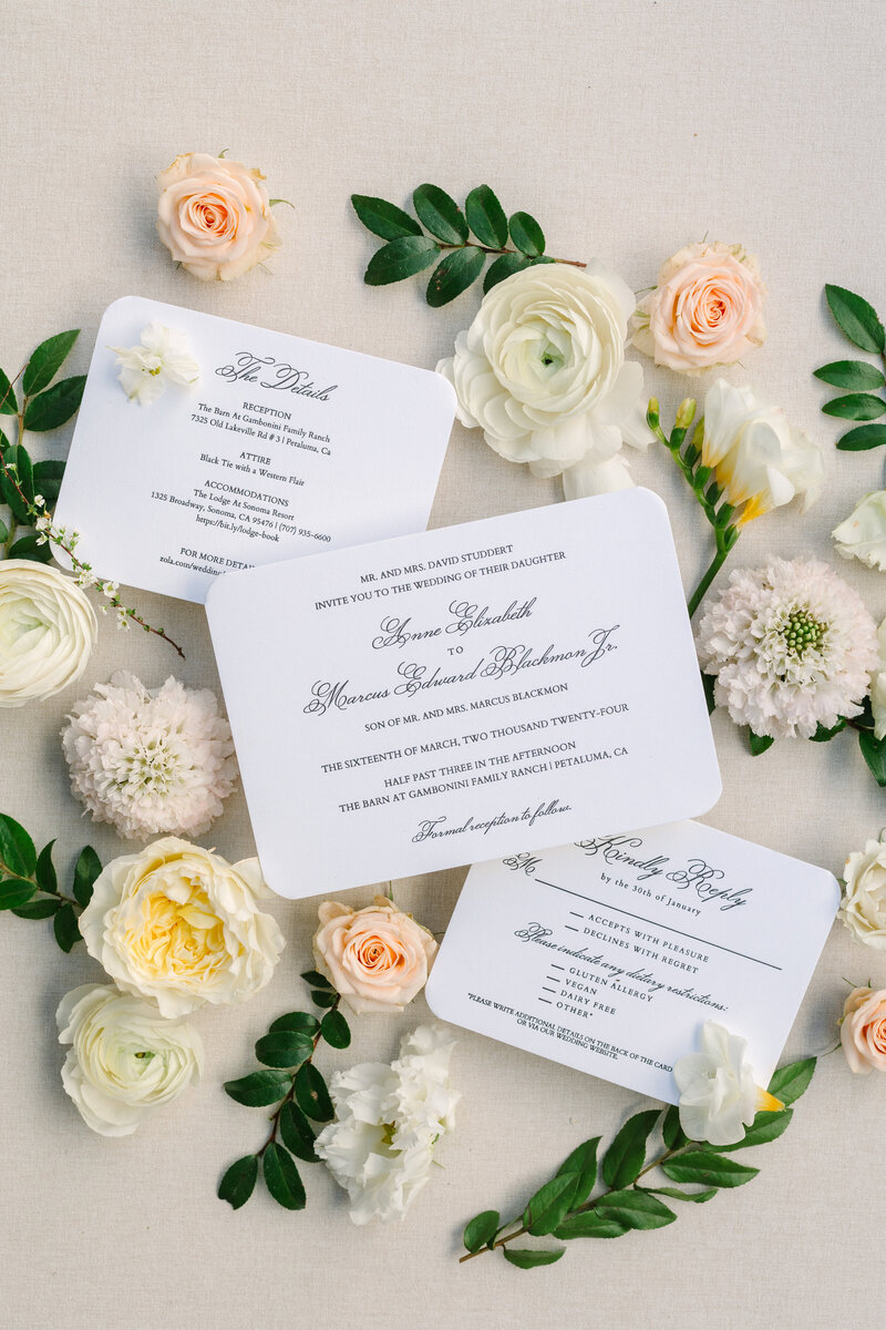 horizontal white invitation suite with script font