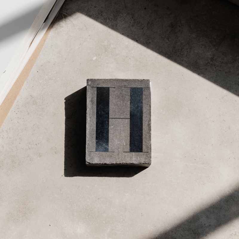 Stone block with engraved letter H casting shadow on concrete floor, symbolizing foundation, identity, and new beginnings