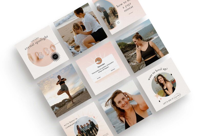 Mock-up of Instagram posts for pink and blue yoga brand.
