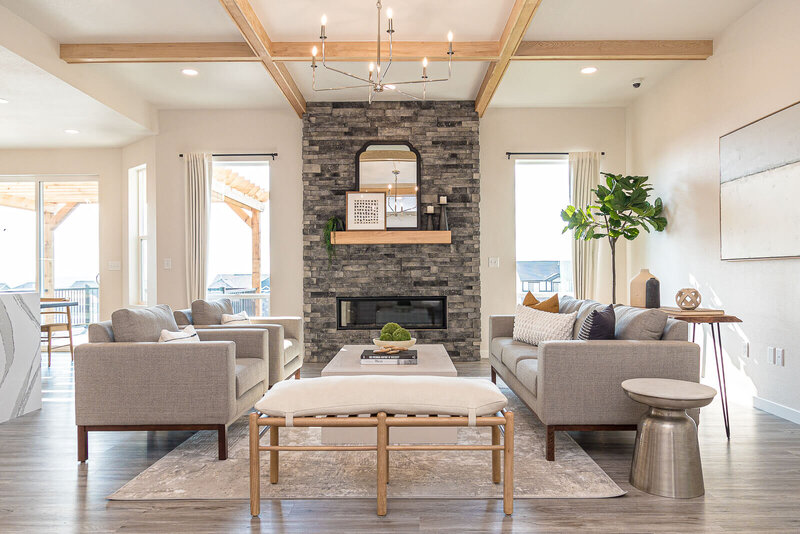 modern living room with stone fireplace