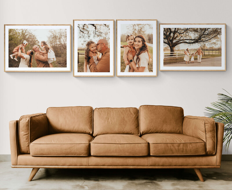 image of a camel color leather couch with artwork mockups above it.