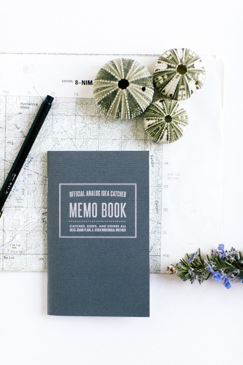 Small memo book laying on a desk with a map.