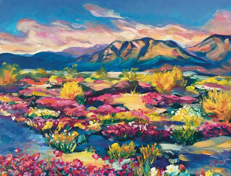 A colorful and expressive landscape oil painting of a desert in bloom with pink and orange flowers against cool blue mountains