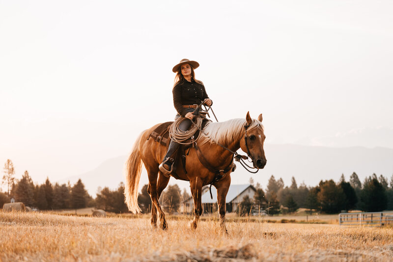 Sunset golden hour Western Horsemanship in the mountains