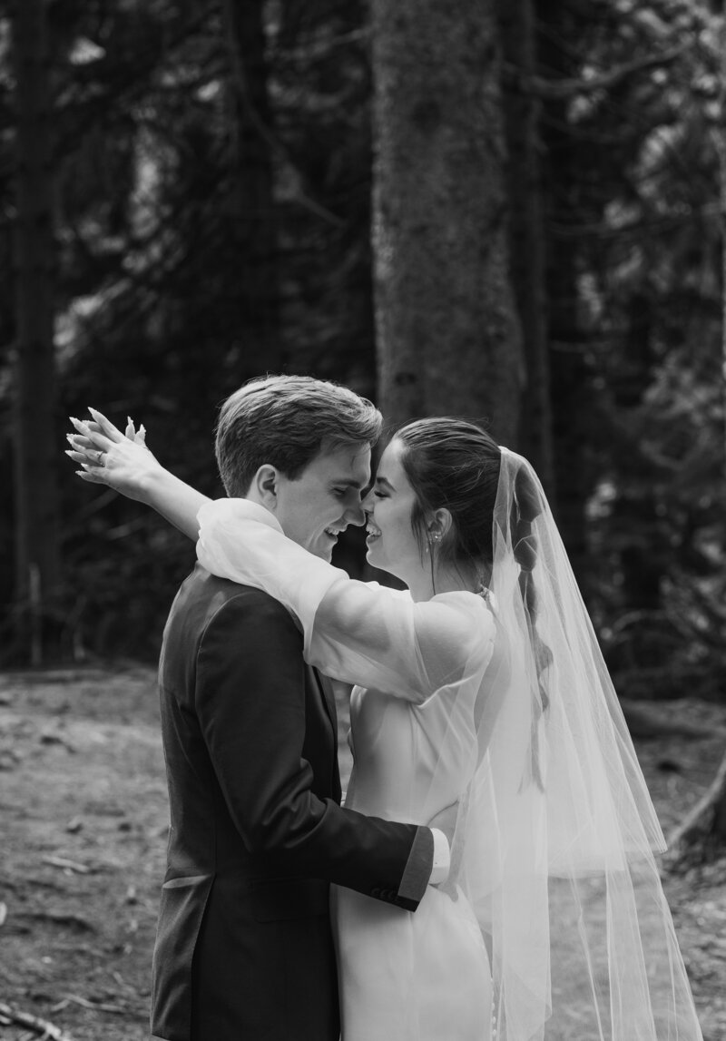 Bride and groom hugging next to redwood trees