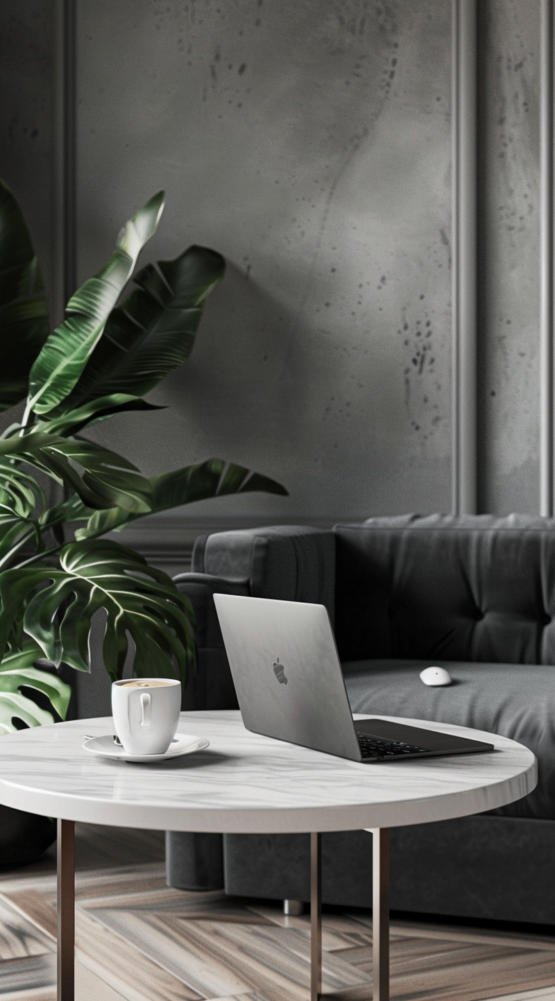 computer, mug, coffee table plant and couch scene