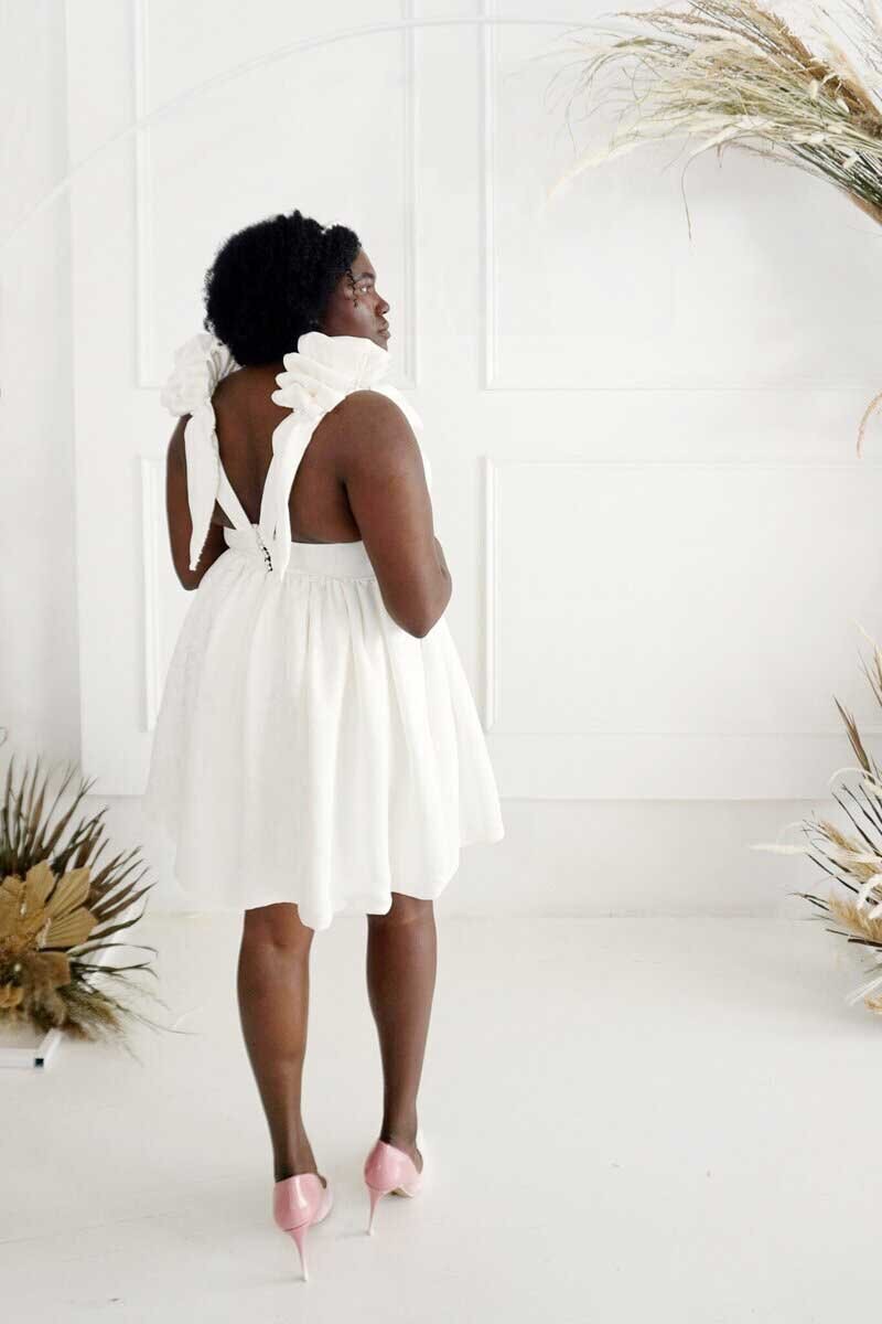 v-back summer wedding dress with pearl embellished sleeves