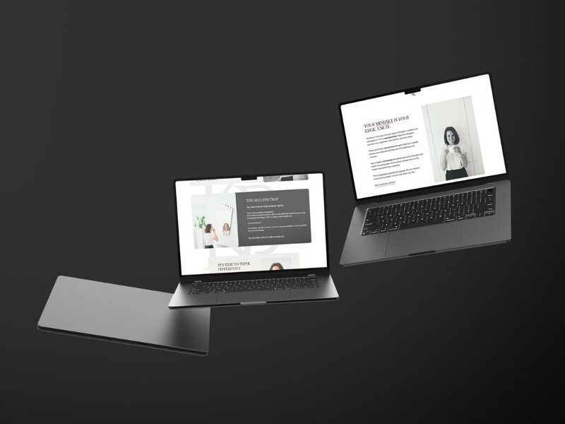 Two floating laptops against a black background showing pages from a coaching website, including content on mindset and high-achiever struggles with lifestyle imagery.
