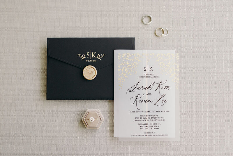 Flat lay of wedding invitation suite for New York wedding