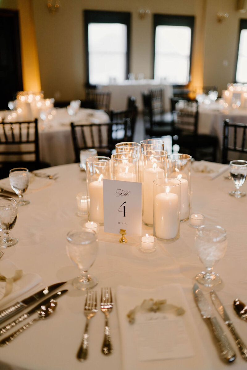 Indiana_Michigan_Wedding Planner_Ana Pierson Photography_Eagles Theatre_Wabash Indiana_Reception_Wedding Decor_Candle Display_Table Setting