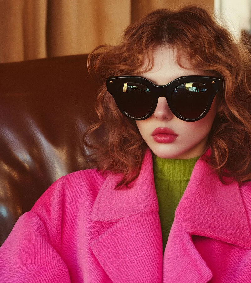 woman in oversized sunglasses and a bright pink coat
