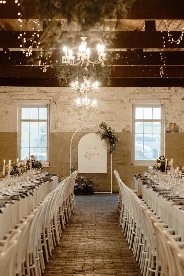 Professionally Styled wedding reception with personalised signage and decor.