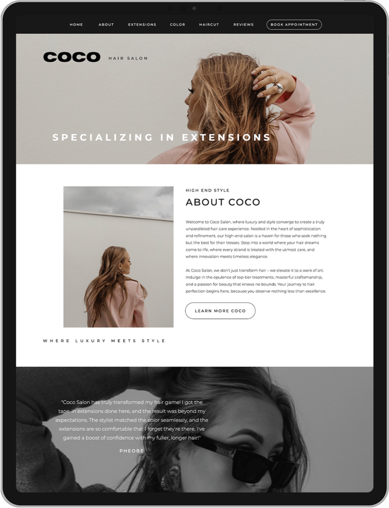Showit website template for hair stylists and hair salons