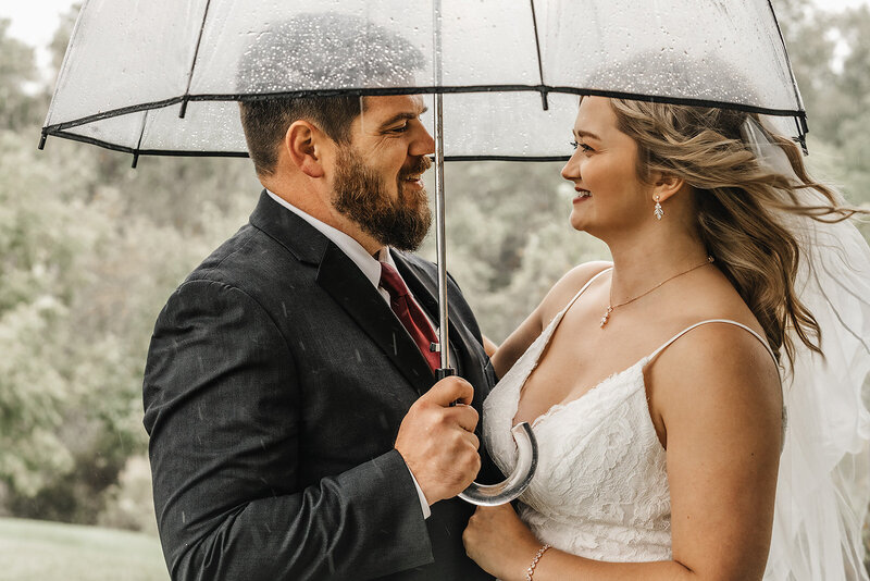 couple in the rain on wedding day