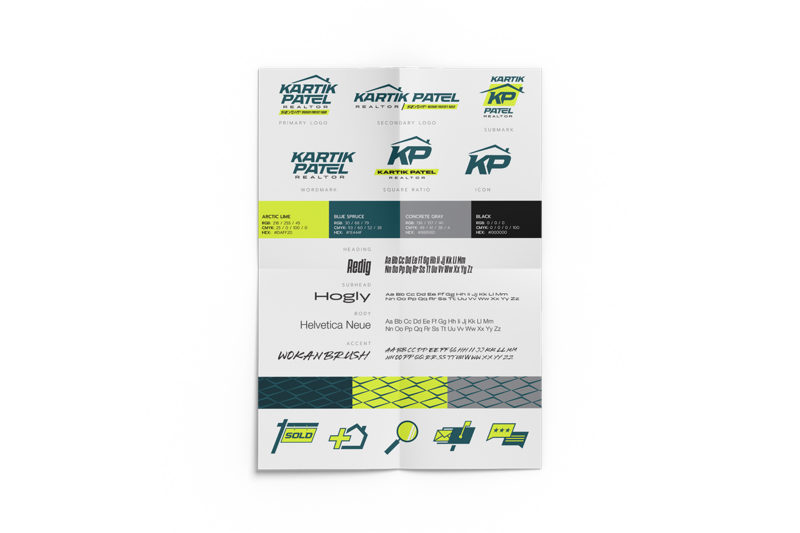 Brand and Logo Guideline usage, fonts, icons, colors, pattern for Kartik Patel Real Estate agent design by Amanda Newman Design in Paducah, Kentucky