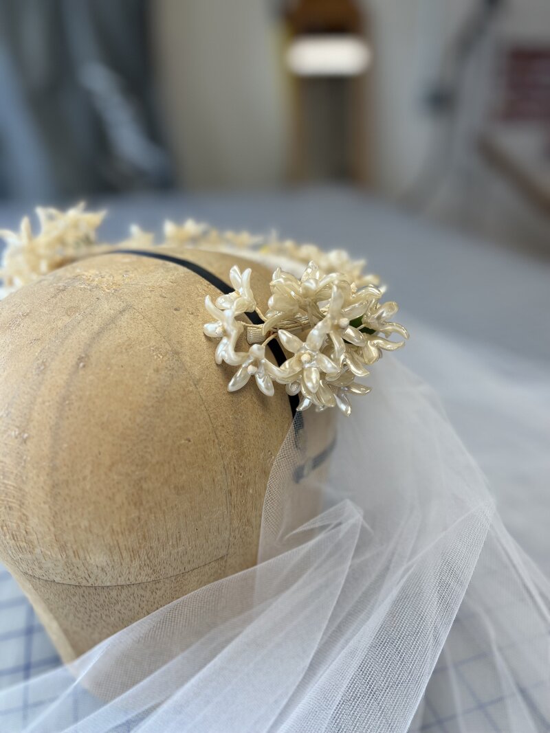 1950's vintage heirloom restyle wax flower crown and veil