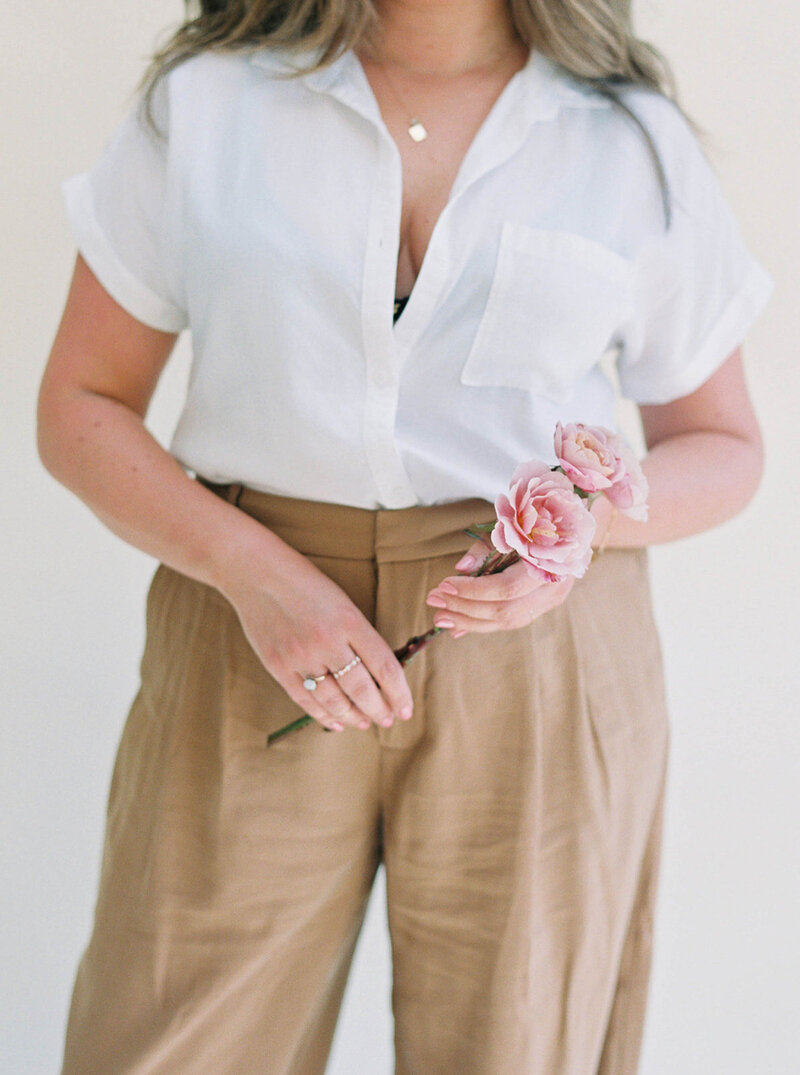 Rose pose wide leg trousers with white button down shirt