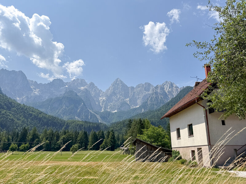 Julian Alps Slovenia house with mountains and wheat 