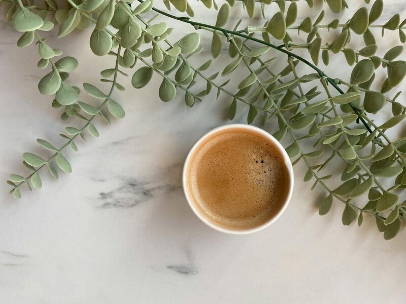 Marble counter with eucalyptus and coffee mug filled with coffee