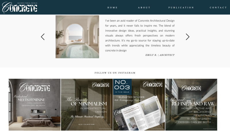 Services page design for Concrete Architectural Design with streamlined user interface and contemporary industrial branding elements.