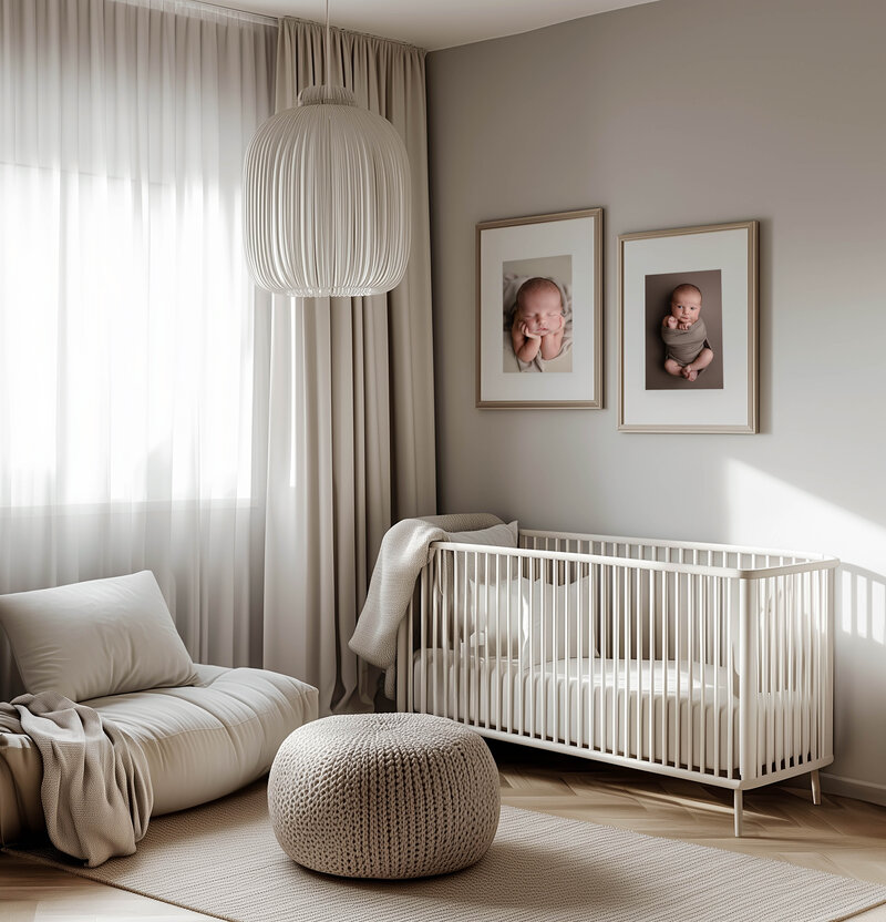 Framed Newborn Photography printed to decorate your nursery with high quality photography products. Photos taken at Atlanta photography studio by Jenni Nikki Photography.