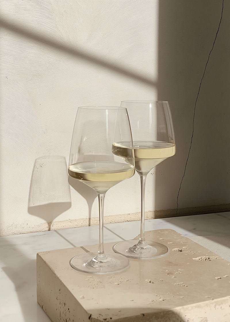 Two glasses of white wine on a beige smooth stone