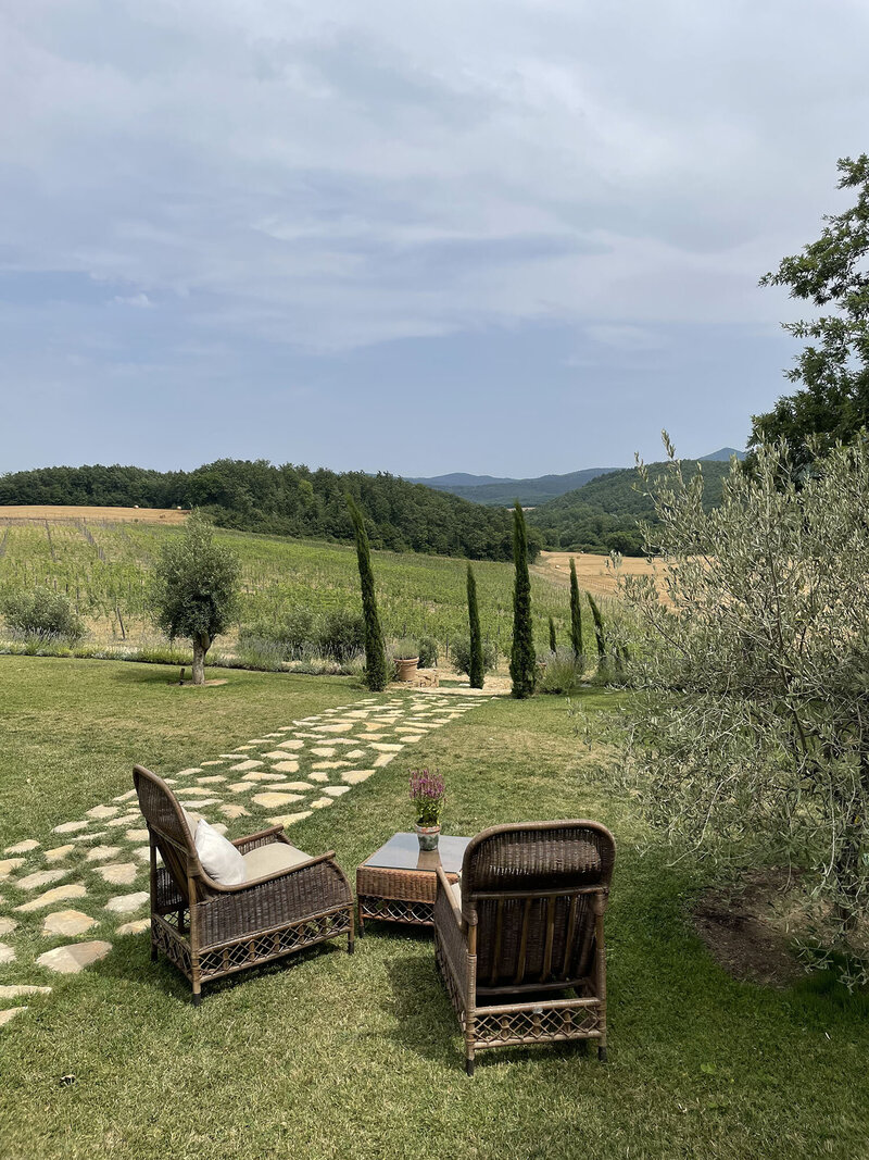 The Tuscan chic living room of a guest suite at Borgo Santo Pietro with a tromp l'oeil crest on the stone fireplace, antique wooden furniture and velvet armchairs
