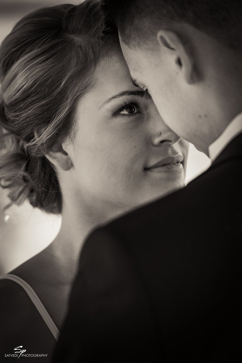 blonde bride with soft natural makeup and a pink lip in black and white by Karyn Carlson in San Jose, California