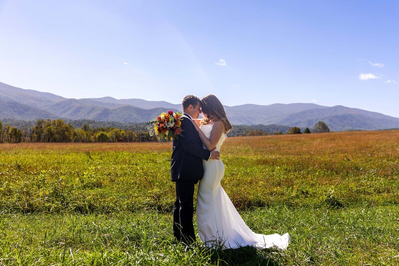 A bride and groom stand facing each other embracing with their foreheads together and arms wrapped around each other. The bride is in a fitted wedding gown and the groom is in a black suit. The are standing in a green grassy field with the sun shining down on them and a vast mountain range in the background.