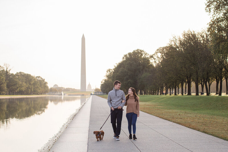 Washington, D.C. engagement photos at reflecting pool with monuments with dog by Christa Rae Photography