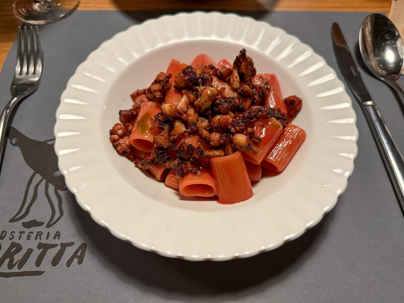 Octopus pasta at Osteria La Dritta in Lucca, Italy