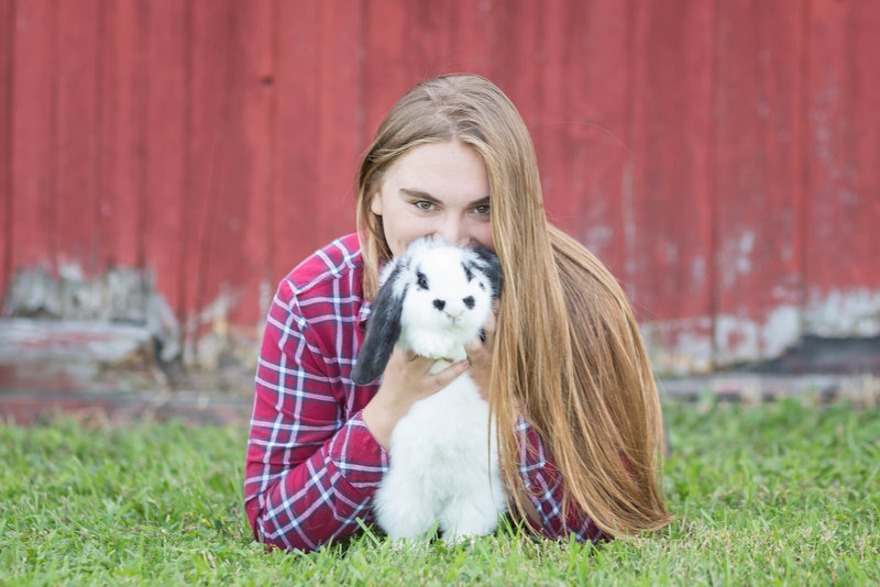 high school senior girl, laying in grass holding her bunny up covering half her face, photographed by jamie lynette photography canton ohio senior photographer