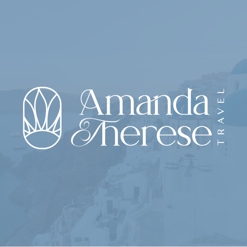 Amanda Therese Travel Agency Logo on Blue Background with European City