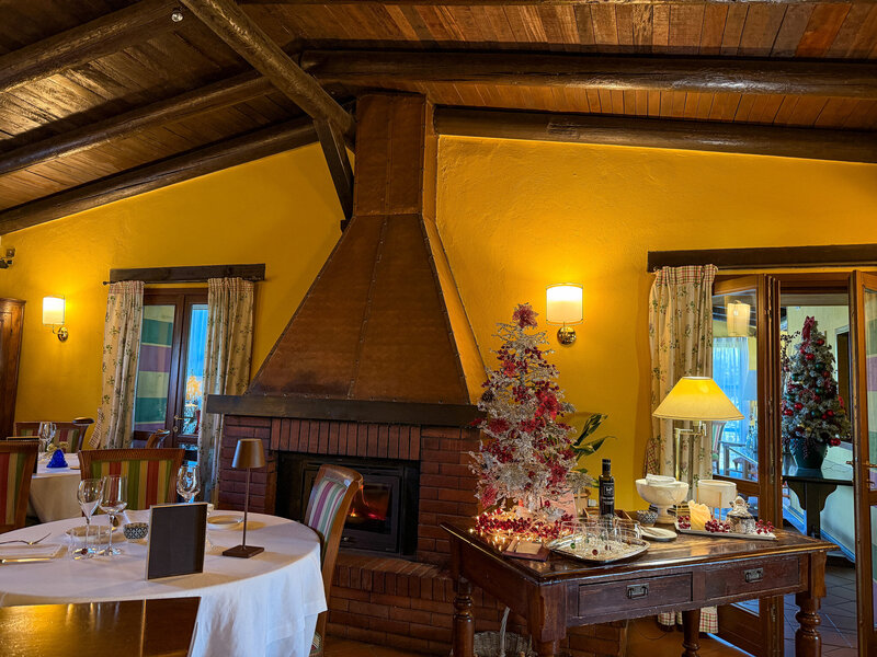 Showing the ambiance and fireplace inside Ristortante i Castagni. Christmas themed!