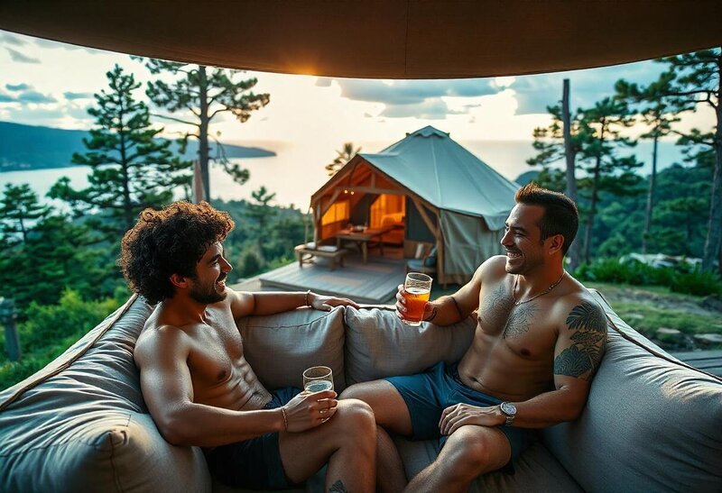 Two men enjoying a luxury glamping experience in a secluded nature retreat, with a premium outdoor lounge and upscale tented accommodation