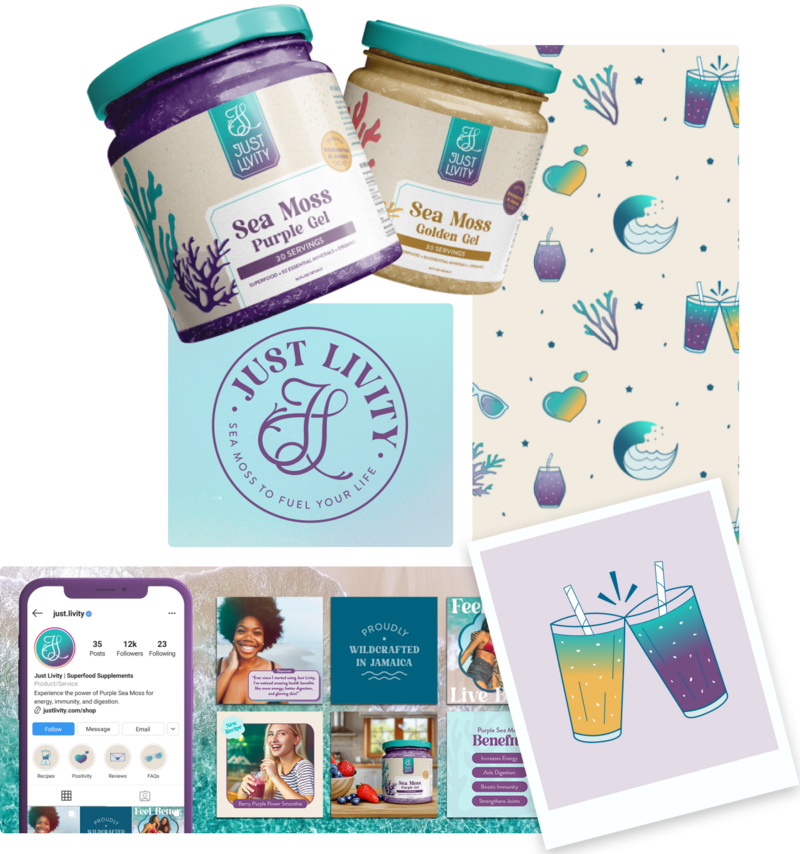 Collage of five images showcasing the different elements of the brand Just Livity. Includes: purple and golden mason jars, illustrative pattern, logo badge, and social media templates.