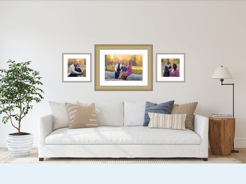 three family portraits hangin on a wall above a couch