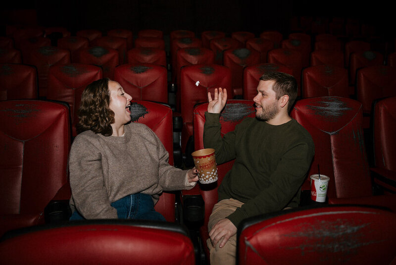 Winter engagement photos at Main Cinema in Minneapolis