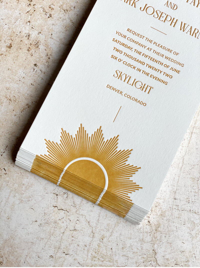 sun inspired letterpress slim wedding invitations