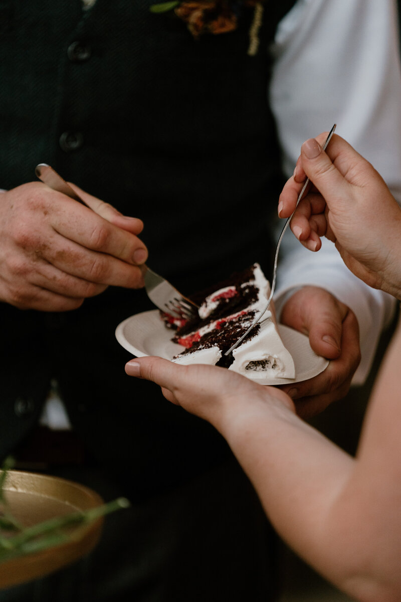 slice of wedding cake with two forks held by the bride and groom