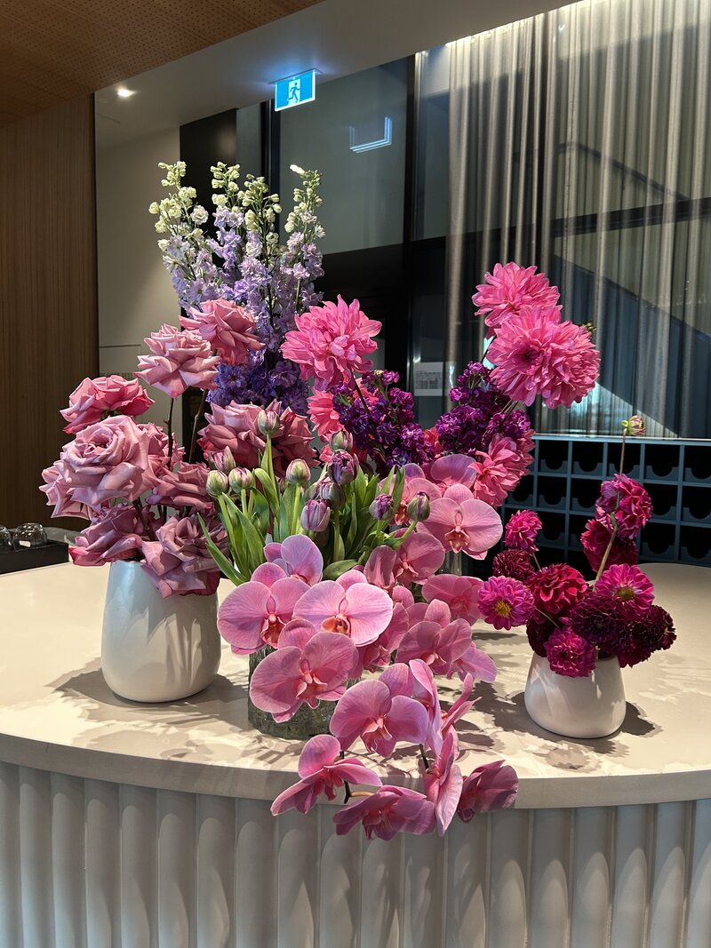 Feminine flower arrangements for Landers & Rogers Melbourne International Women's Day lunch