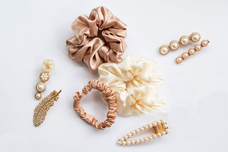 Satin scrunchies, clips with pearls and other hair accessories